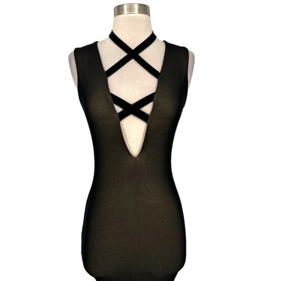 Cefian Metallic Mesh Bodycon Strappy Dress Black Gold Size Large NWT - Picture 2 of 9